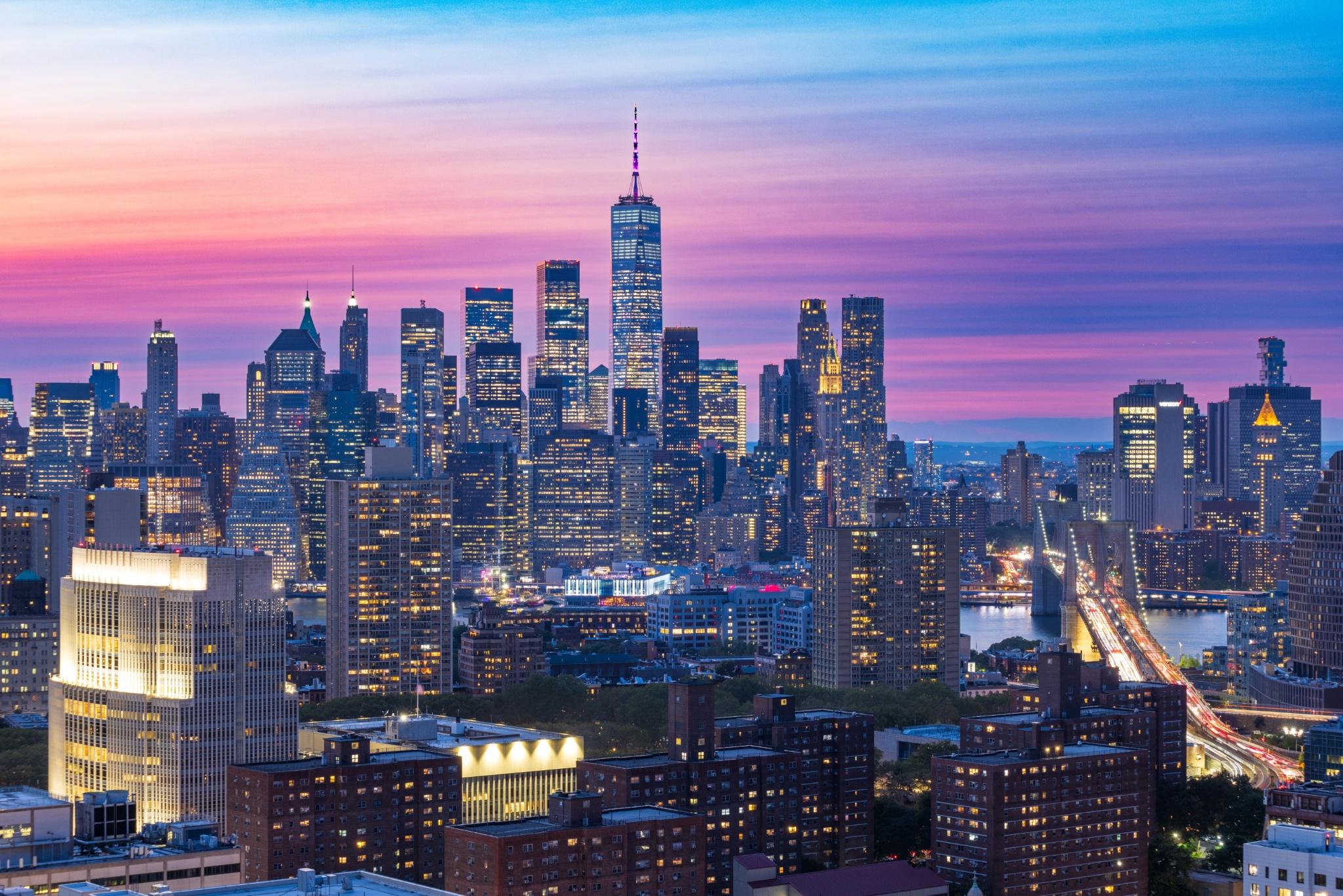 Painterly Sunset, NYC Skyline, and Brooklyn Bridge Photographic Print.