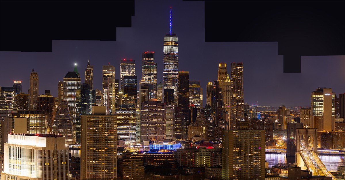 The Manhattan skyline at midnight.