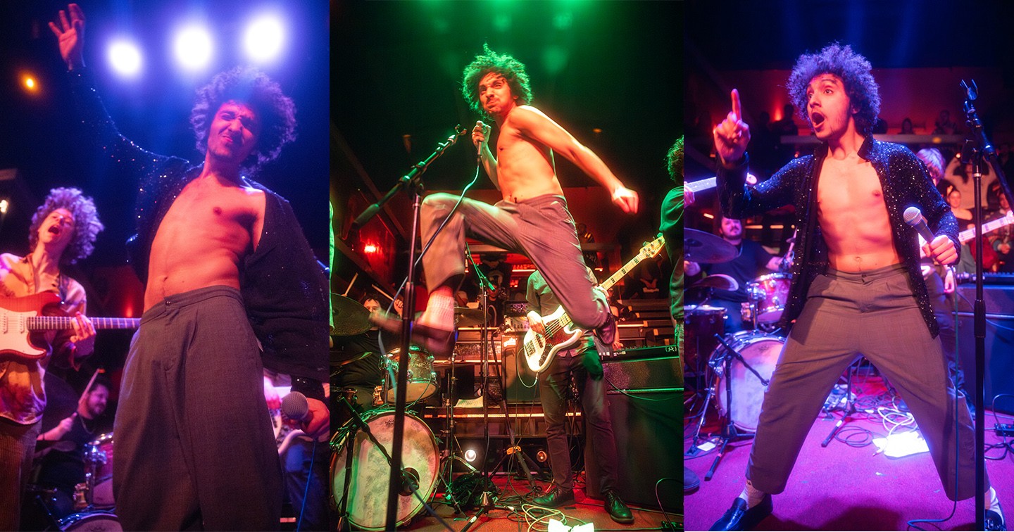 Three photos of a musical artist on stage with immense physical energy.