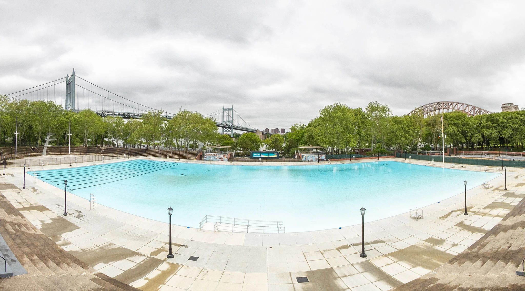 A wide-angle shot of the huge pool in Astoria Park.