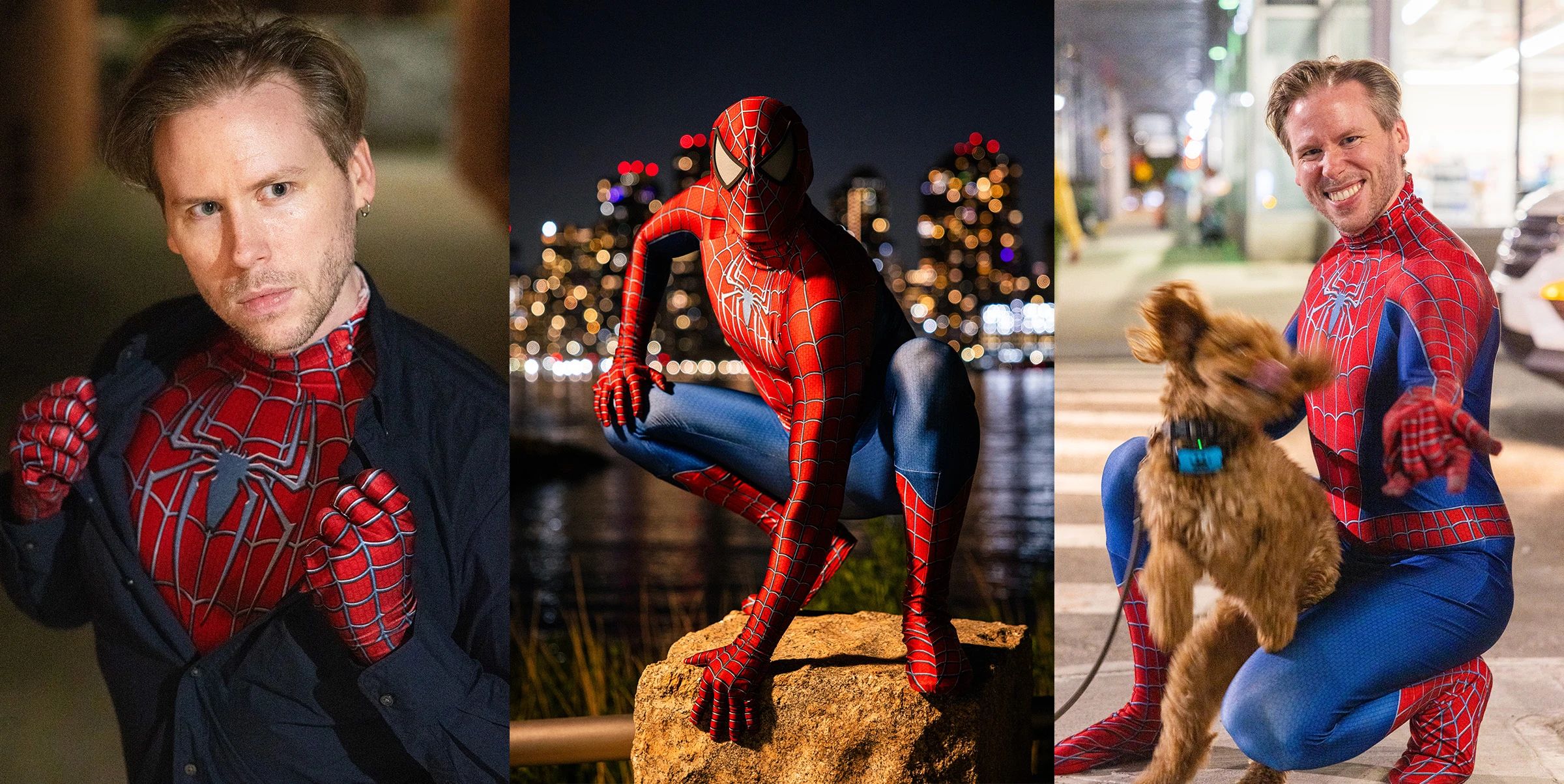 Three photos of a person cosplaying as Spider-Man with New York City in the background.