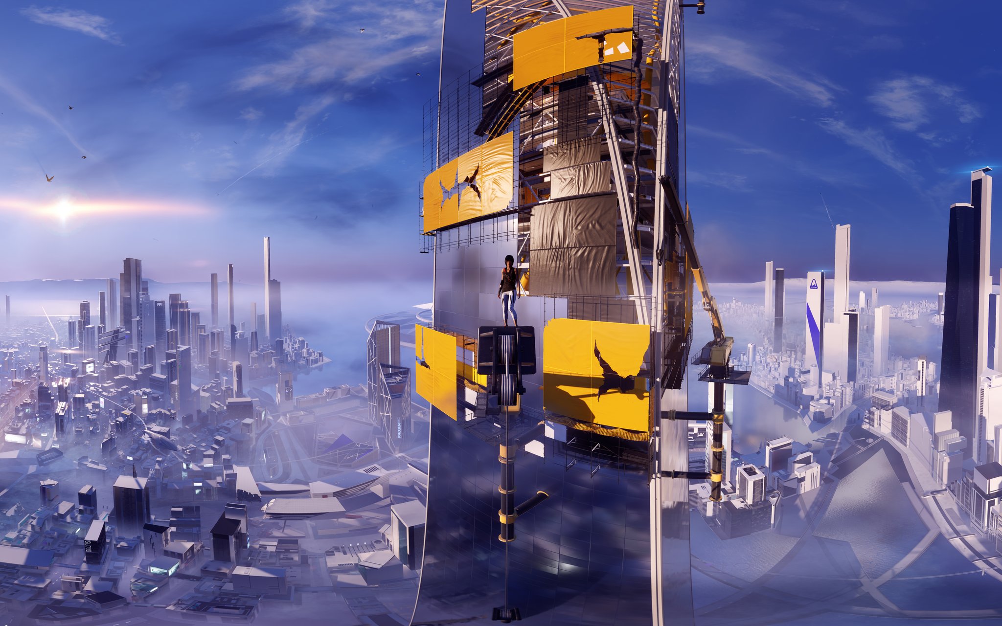 Faith from Mirror's Edge is standing at the edge of a skyscraper actively under construction.