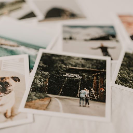 Printed pictures on a table