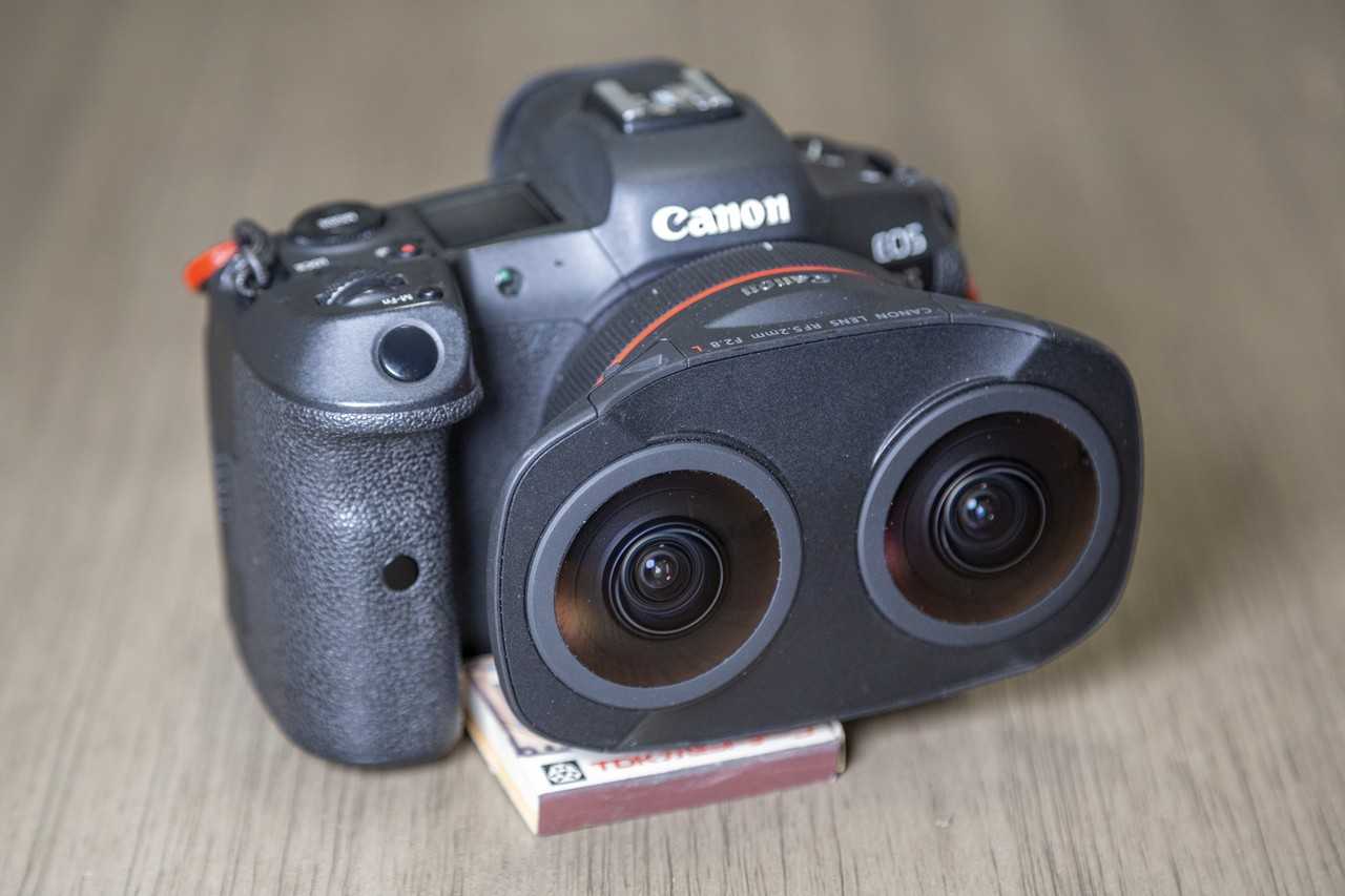 A Canon R5 sporting an RF5.2mm F2.8 L Dual Fisheye lens.